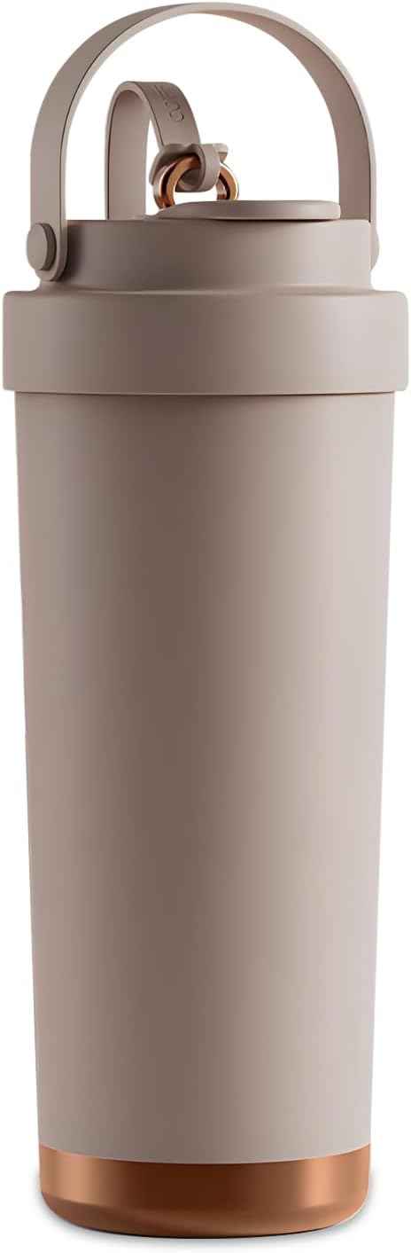 26oz Ceramic Coated Water Bottle, 3-Way Drinking (Straw/Sip/Wide Mouth), 6H Hot & Cold Insulated Water Bottle Leakproof Travel Cup with Handle - Cofffee Brown
