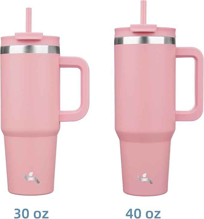 Konokyo 40 oz Tumbler with Handle and 2 Straws,2 in 1 Lid Insulated Water Bottle Stainless Steel Travel Coffee Mug,Pink