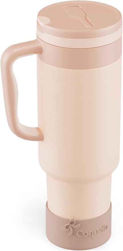 40 oz Insulated Tumbler with Handle and Push-Button Straw Lid, Stainless Steel Travel Cup for Gym Office, Leakproof, BPA-Free, Cup Holder Friendly, Bow Silicone Boot, Beige (Cream Latte)