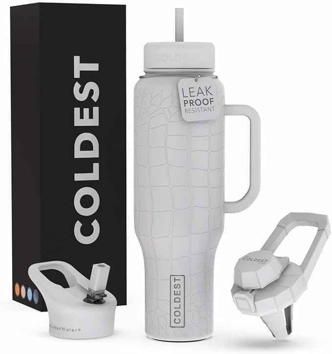 Coldest Tumbler with Handle and Straw - 100% Leak Proof Insulated Tumbler with Lid and Straw (3 Lids) - Stainless Steel Tumblers for Women & Men - Cup Holder Friendly Base, 46 oz (White Croc)