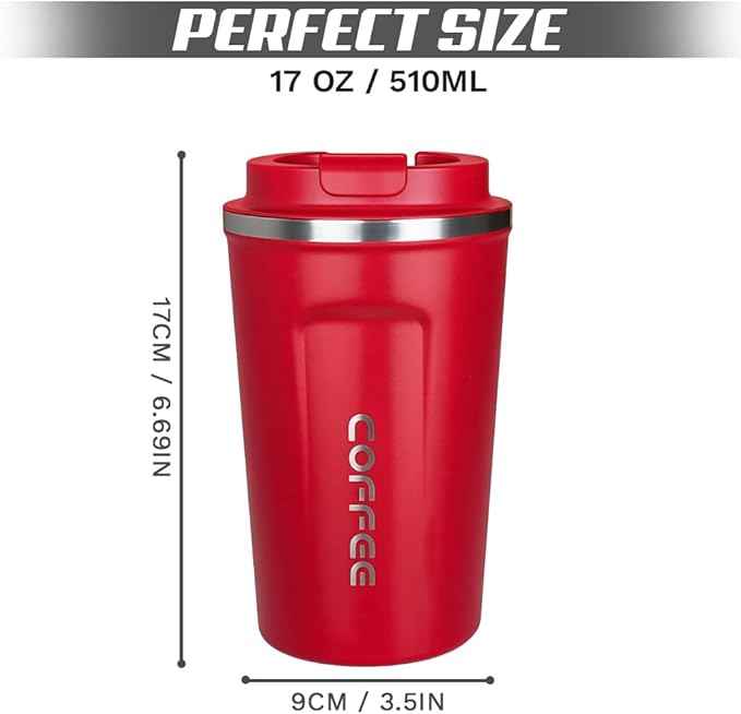 SPLMIFA Travel coffee mugs leak-proof, reusable coffee cup with lid, stainless steel vacuum insulated coffee tumblers, thermal insulation cups for men & women keep drinks hot & cold (2nd-Red, 17OZ)