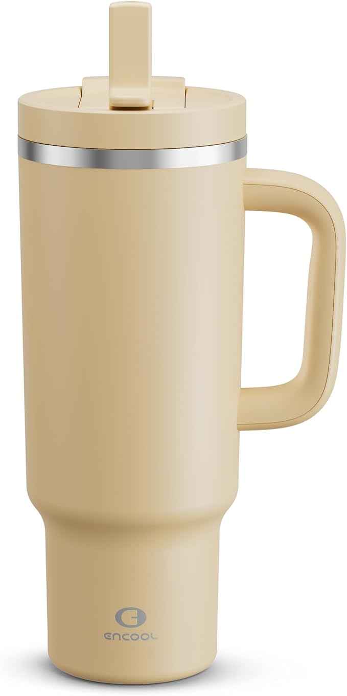 ENCOOL 40 oz Tumbler with Handle and Straw: Stainless Steel Insulated Tumbler Keeps Cold for 24 Hours, Leakproof Travel Cup Fits in Cup Holder and BPA-Free, Indian Khaki