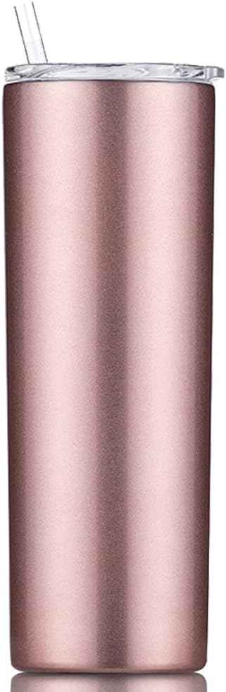 Double Wall 18/8 Stainless Steel Vacuum slim skinny tumbler with straw and lid, insulated travel mug keeping beverage cold and warm (rose gold, 20oz)