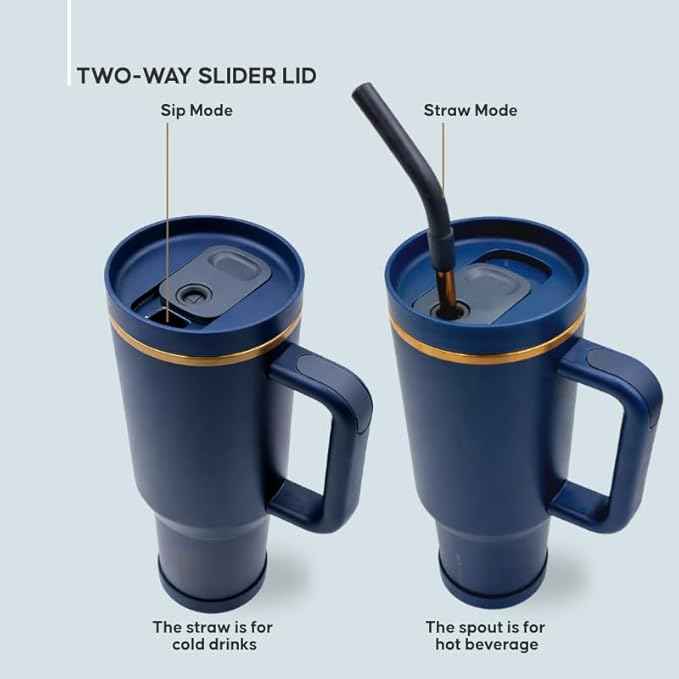 40oz Travel Tumbler Cup with Handle, Two-Way Slider Lid, Stainless Steel Straw with Silicone Tip, Vacuum Insulated Water Bottle for Hot & Cold Drinks, Great Gifts for Mom (Blue Gold)