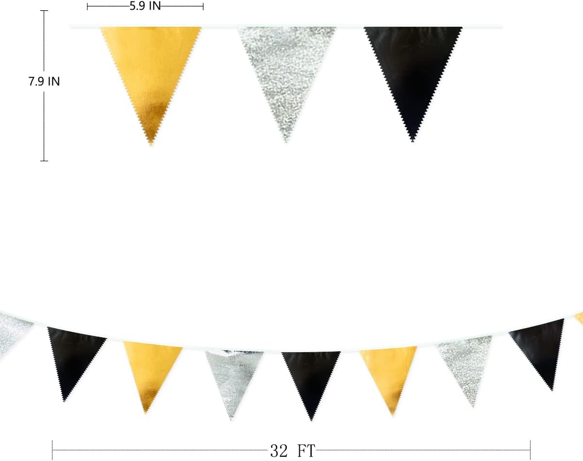 Black Gold Silver Party Decoration Triangle Pennant Banner Flag Metallic Fabric Bunting Garland for Birthday Graduation Anniversary Wedding Bridal Shower Bachelorette Engagement Disco Party Supplies
