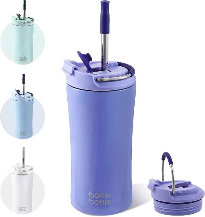 BOTTLE BOTTLE Coffee Tumbler with Dual-use Lid and Straw Double Walled Iced Travel Coffee Mug for Woman and Man 12 oz Stainless Steel Insulated Tumbler with Handle (purple)