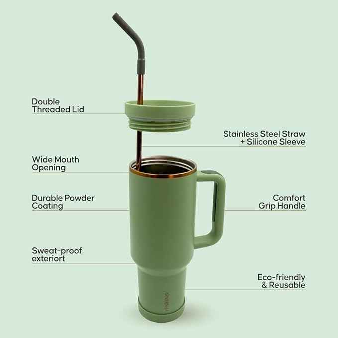 40oz Travel Tumbler Cup with Handle, Two-Way Slider Lid, Stainless Steel Straw with Silicone Tip, Vacuum Insulated Water Bottle for Hot & Cold Drinks, Great Gifts for Mom (Green Gold)