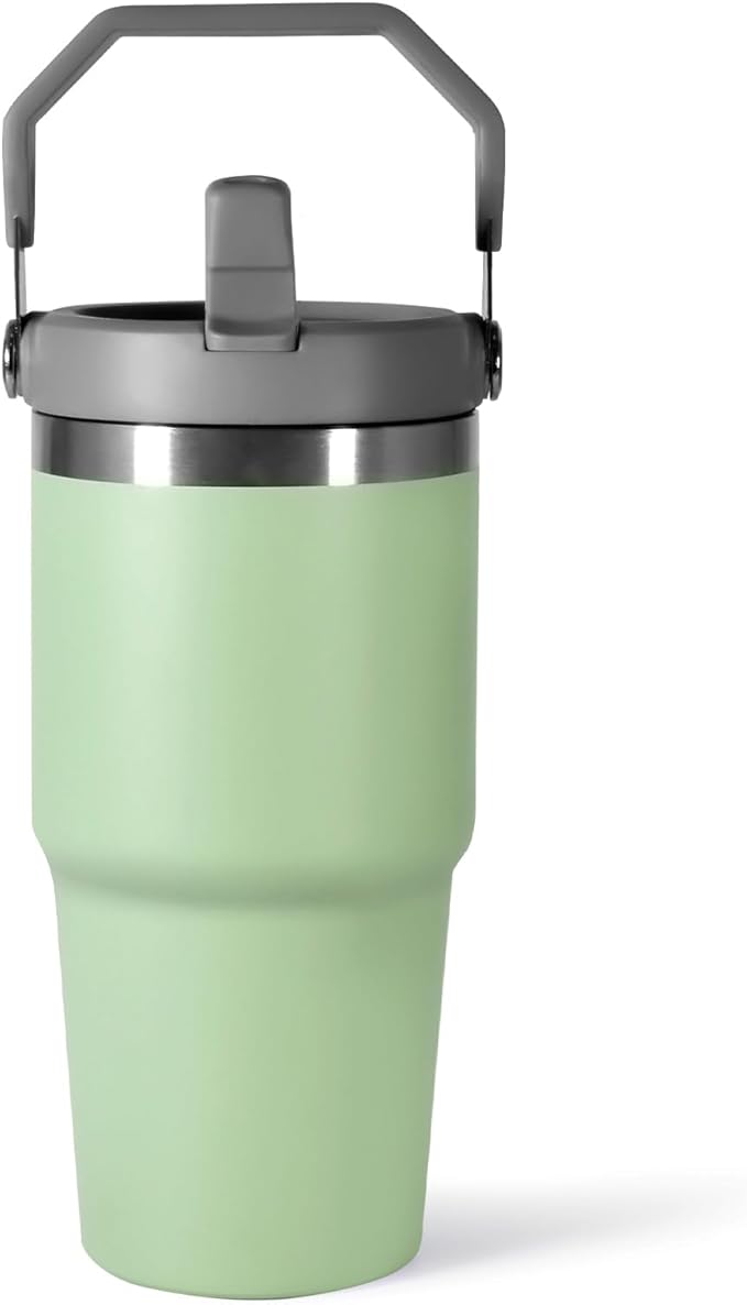 20 oz Tumbler with Handle, Insulated Tumbler with Lid and Flip Straw Leak Proof Double Wall Stainless Steel Vacuum Travel Coffee Mug Insulated Water Bottle Thermal Cup, Cupholder Friendly, Green