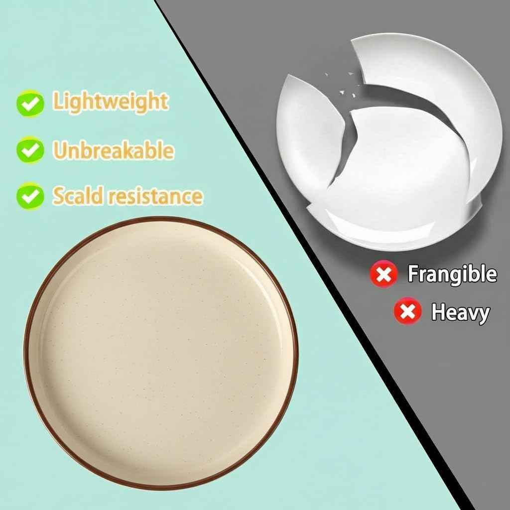 Melamine Dinnerware Sets 12 Piece Butter Yellow Base with Speckles Unbreakable Plates & Bowls Sets Lightweight Shatterproof Durable Dishware for Camping Picnic Party(Butter Yellow with Dark Brown Rim)