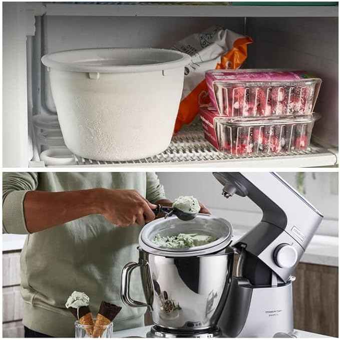 Kenwood Glacier, Frozen Dessert Maker for Sorbet and Frozen Yoghurt, Ice Cream Maker Attachment for Food Processor, Suitable with Chef Stand Mixer, Bowl 1L, KAX71.000WH, Plastic, White