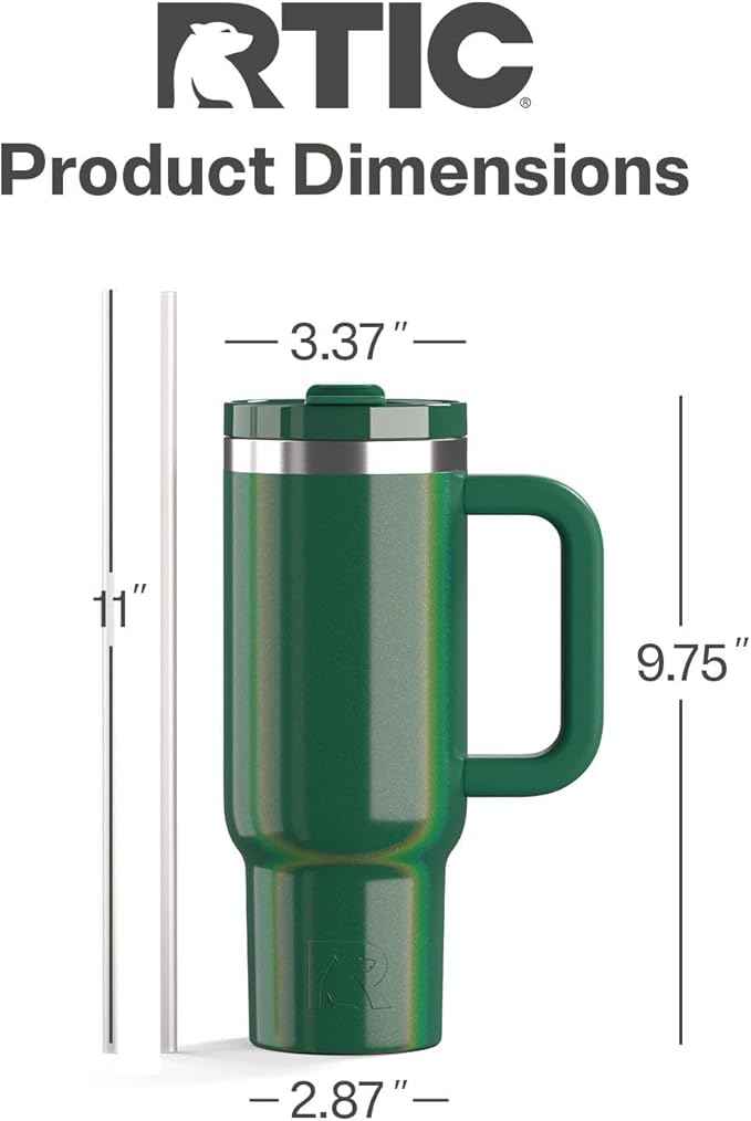 RTIC 30 oz Road Trip Tumbler Double-Walled Ceramic Lined InsulatedStainless Steel Portable Travel Coffee Mug Cup with Lid, Handle and Straw, Pine Tree Glitter
