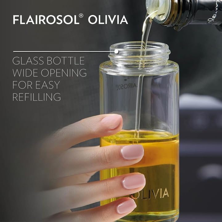 OLIVIA SIGNATURE Advanced Kitchen Oil Sprayer with Flairosol Technology, Fine Mist & Portion Control, Refillable Glass Olive Oil Cooking Spray Bottle for Air Fryer, Salad, BBQ, 130ml (Golden Leaves)