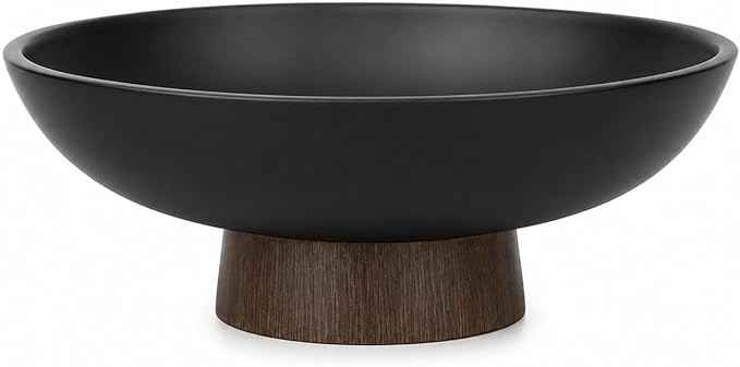 YMXYJM Modern Pedestal Fruit Bowl, Large Matte Resin Decorative Bowl with Faux Wood Base for Kitchen Counter, Living Room, Entryway Home Decor, Black