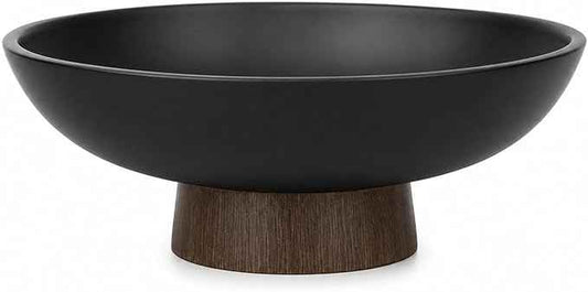 YMXYJM Modern Pedestal Fruit Bowl, Large Matte Resin Decorative Bowl with Faux Wood Base for Kitchen Counter, Living Room, Entryway Home Decor, Black