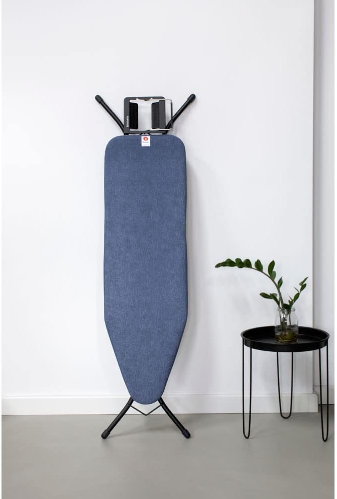 Brabantia Size B Ironing Board (49x15 in) 7 Height Options, Adjustable Steam Iron Rest Holder (Denim Blue) Non-Slip Feet, Anti-Collapse Child Locks