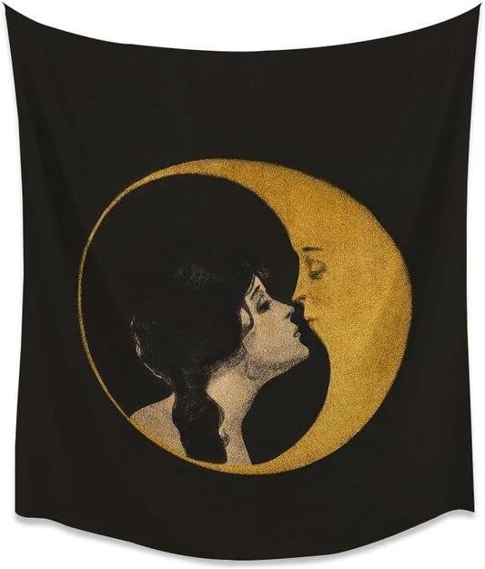 Dark Academia Woman Kissing Moon Art Tapestry Gothic Aesthetic Wall Hanging Witchy Picture Print Moon Goddess Tapestries Wall Decor for Living Room Bedroom Dorm 40x60inch