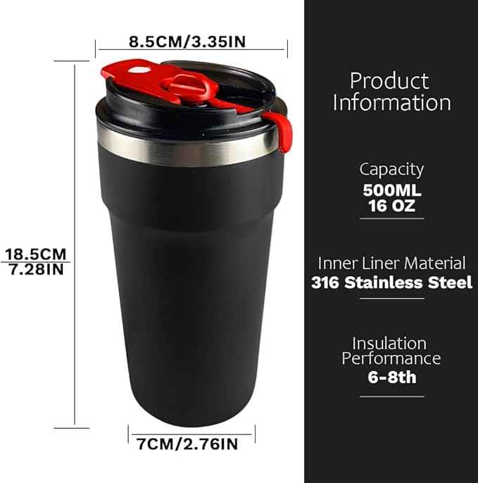 SPLMIFA Travel Coffee Mugs Leak-Proof, Reusable Coffee Cups with Lids, Stainless Steel Vacuum Insulated Coffee Tumblers, Thermal Insulation Cups for Men and Women Hot & Cold Drinks(4th-Black, 16OZ)