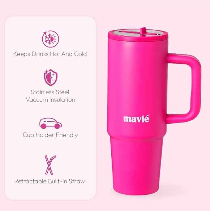 40oz Tumbler With Handle & Built-In Flip Straw, Double Insulated Stainless Steel Water Bottle With Leakproof Clear Lid, Scratch Resistant, Reusable Cup Holder Friendly Travel Coffee Mug (Pink)