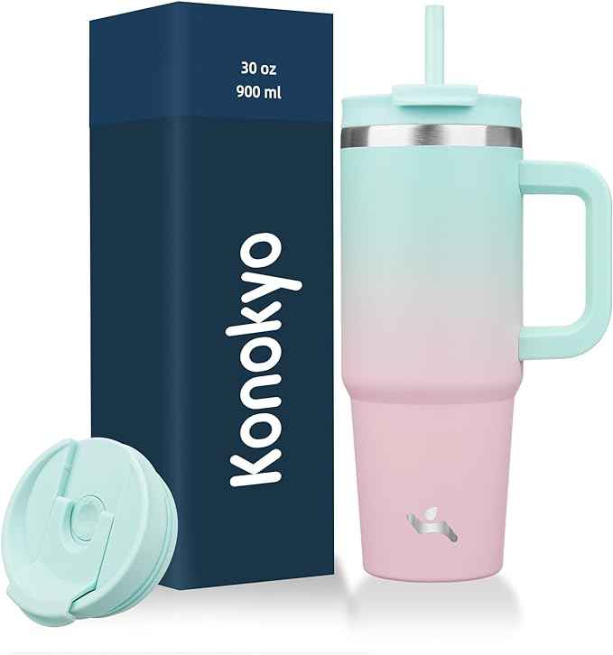 Konokyo 30 oz Tumbler with Handle and 2 Straws,2 in 1 Lid Insulated Water Bottle Stainless Steel Travel Coffee Mug,Gum