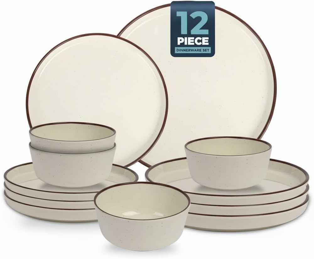 Melamine Dinnerware Sets 12 Piece Butter Yellow Base with Speckles Unbreakable Plates & Bowls Sets Lightweight Shatterproof Durable Dishware for Camping Picnic Party(Butter Yellow with Dark Brown Rim)