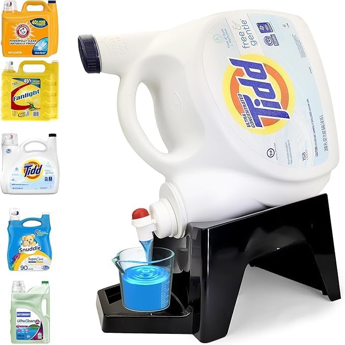 TidyFriend Laundry Detergent Dispenser with Tray & Strap, Laundry Soap Dispenser with Non-Slip Rubber Feet for Washing Room Organization, Easy Pour (Black)
