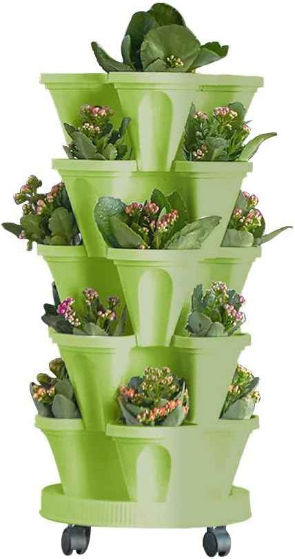 Vertical Planter 5 Tiered,Stackable Planters for Strawberry Herb Flower and Vegetable Stacking Garden Tower Gardening Pots with Removable Wheels and Bottom Indoor Outdoor