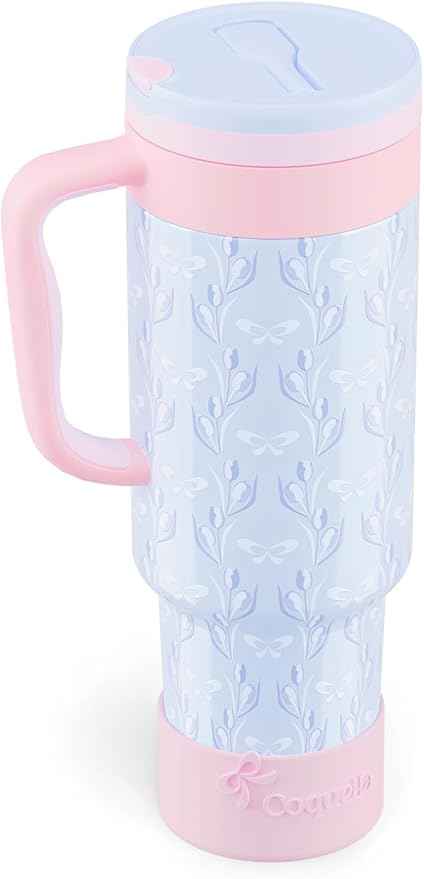 40 oz Insulated Tumbler with Handle and Push-Button Straw Lid, Stainless Steel Travel Cup for Gym Office, Leakproof, BPA-Free, Cup Holder Friendly, Bow Silicone Boot, Blue (Tulip Blue)