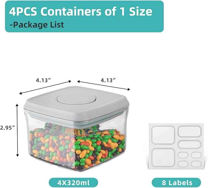 Ankou Airtight Container Set - (380ml 4 Pcs) Stackable One Button Openning Food Containers for Snacks Candy Salt Herbs Spices BPA-Free Tranparent (0.32 QT * 4)