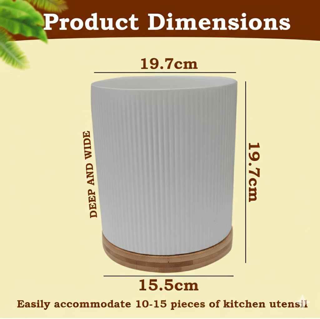 Utensil Holder, 360° Rotating Extra Large Ceramic Kitchen Utensil Holder for Countertop 7.3“ Cooking Utensil Crocks for Kitchen Counter with Rotatable Wooden Base, Farmhouse Decor, White
