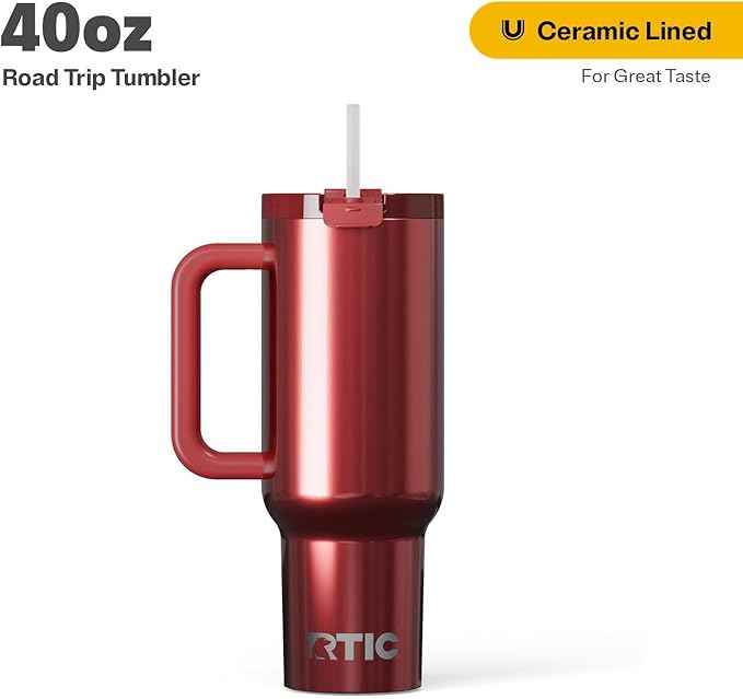 RTIC 40 oz Road Trip Tumbler Double-Walled Insulated Stainless Steel Portable Travel Coffee Mug Cup with Lid, Handle and Straw, Black Cherry Metallic