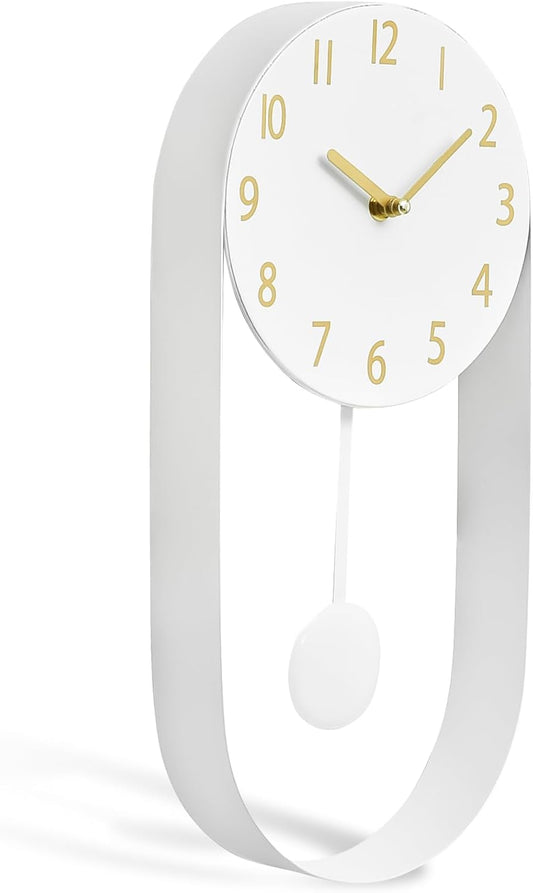 White Wall Pendulum Clock Stylish Minimalist White Wall Clock 8 Inch Modern Decorative Timepiece Silent Gold Included Distinctive Metal Frame Design
