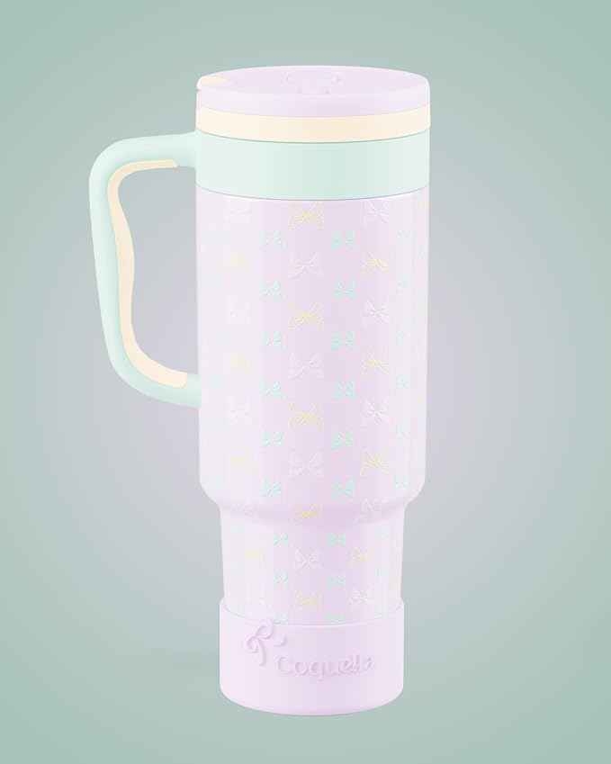 40 oz Insulated Tumbler with Handle and Push-Button Straw Lid, Stainless Steel Travel Cup for Gym Office, Leakproof, BPA-Free, Cup Holder Friendly, Bow Silicone Boot, Purple (Bow Lilac)
