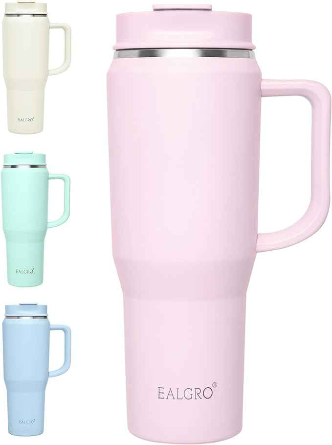 EALGRO 40 oz Tumbler with Handle, Insulated Tumblers with Lid and Straw, Large Metal Sports Water Bottle Jug, Thermal Stainless Steel Travel Coffee Mug Cup, Blush