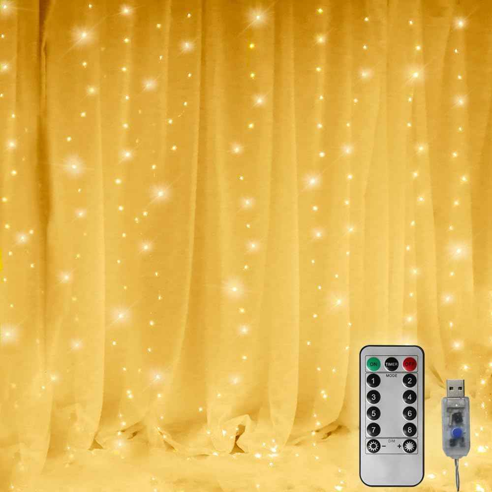 Curtain Lights 300 LED String Lights, Window Hanging Lights USB Powered 8 Lighting Modes & Timer Remote Dimmable Copper Lights for Bedroom, Home, Party, Wall Decor-9.8ft x 9.8ft(Warm White)