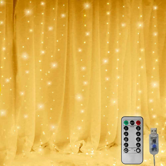 Curtain Lights 300 LED String Lights, Window Hanging Lights USB Powered 8 Lighting Modes & Timer Remote Dimmable Copper Lights for Bedroom, Home, Party, Wall Decor-9.8ft x 9.8ft(Warm White)