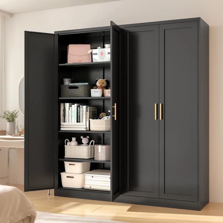 71" Tall Kitchen Pantry Cabinet, Metal Kitchen Pantry Storage Cabinet with Doors and 4 Adjustable Shelves, Freestanding Pantry Cupboard for Living, Dining Room, Black