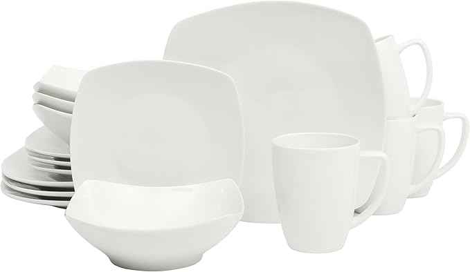 Gibson Home Zen Buffet White Porcelain Dinnerware Set for 4, Square Plates Bowls and Mugs, Chip and Scratch Resistant, Dishwasher and Microwave Safe, 16 Piece
