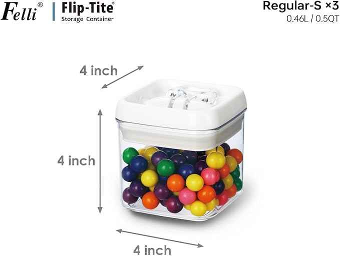 Felli Flip Tite Food Storage Container 4" Medium Size Airtight Lid Lock Top, Stackable Kitchen Canister for Space Saving, Pantry Fridge Cupboard Organizer, Spice Seasoning Pet Treats Snack (0.5 qt)
