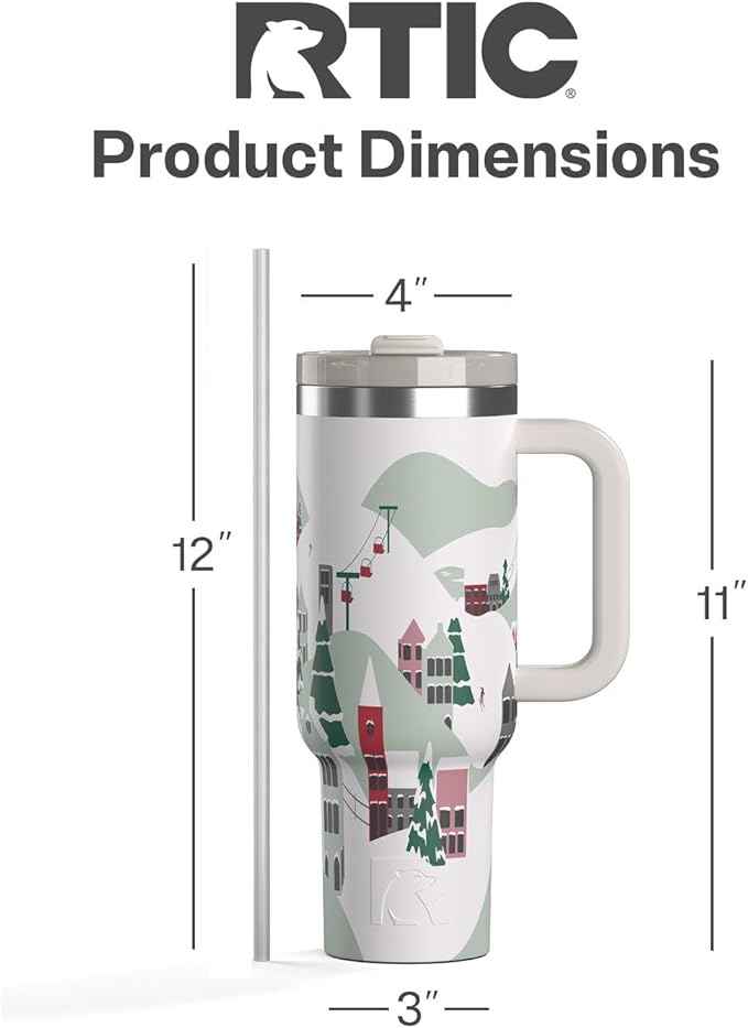 RTIC 40 oz Road Trip Tumbler Double-Walled Cermaic Lined Insulated Stainless Steel Portable Travel Coffee Mug Cup with Lid, Handle and Straw, Apres Ski