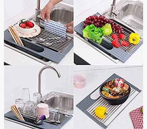 T.R. Stainless Steel Roll-Up Dish Drying Rack Over The Sink, 20" x 11", Foldable, Dishware & Utensil Holder