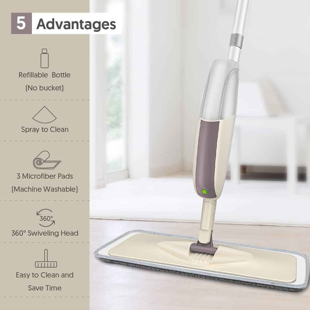 HOMTOYOU Spray Mops for Floor Cleaning: Wet Floor Mop with 3 Washable Microfiber Pads for Hardwood Laminate Wood Vinyl Ceramic Tiles Home Kitchen