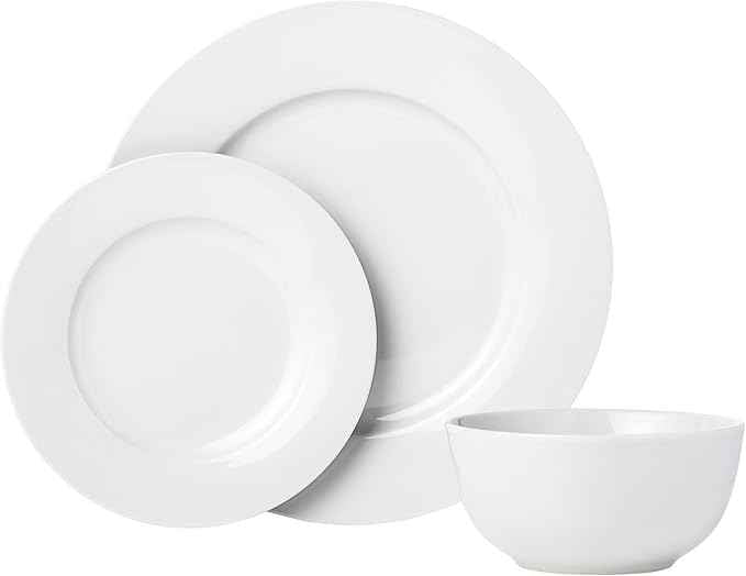 Amazon Basics Porcelain Dinnerware Set, Microwave and Dishwasher Safe, Service for 6, 18-Piece, Plates, Bowls, White