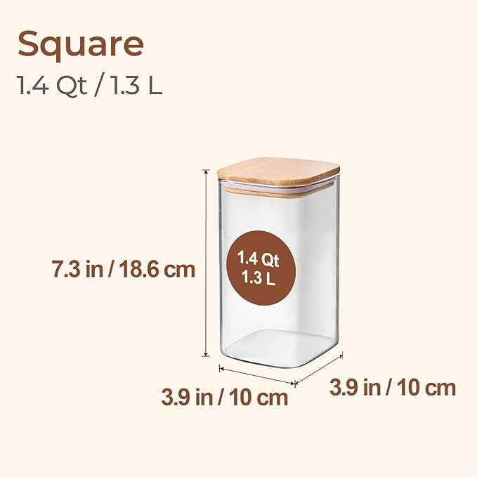 ComSaf 1.4 Qt Glass Storage Containers with Lids, Glass Jars with Lids, Clear Food Storage Jar, Square Canister Set of 3, Pantry Organizers and Storage for Flour Oat Pasta Tea Cookie Coffee Bean
