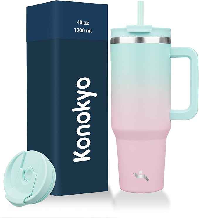 Konokyo 40 oz Tumbler with Handle and 2 Straws,2 in 1 Lid Insulated Water Bottle Stainless Steel Travel Coffee Mug,Gum