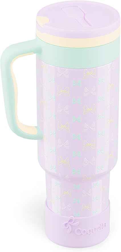 40 oz Insulated Tumbler with Handle and Push-Button Straw Lid, Stainless Steel Travel Cup for Gym Office, Leakproof, BPA-Free, Cup Holder Friendly, Bow Silicone Boot, Purple (Bow Lilac)