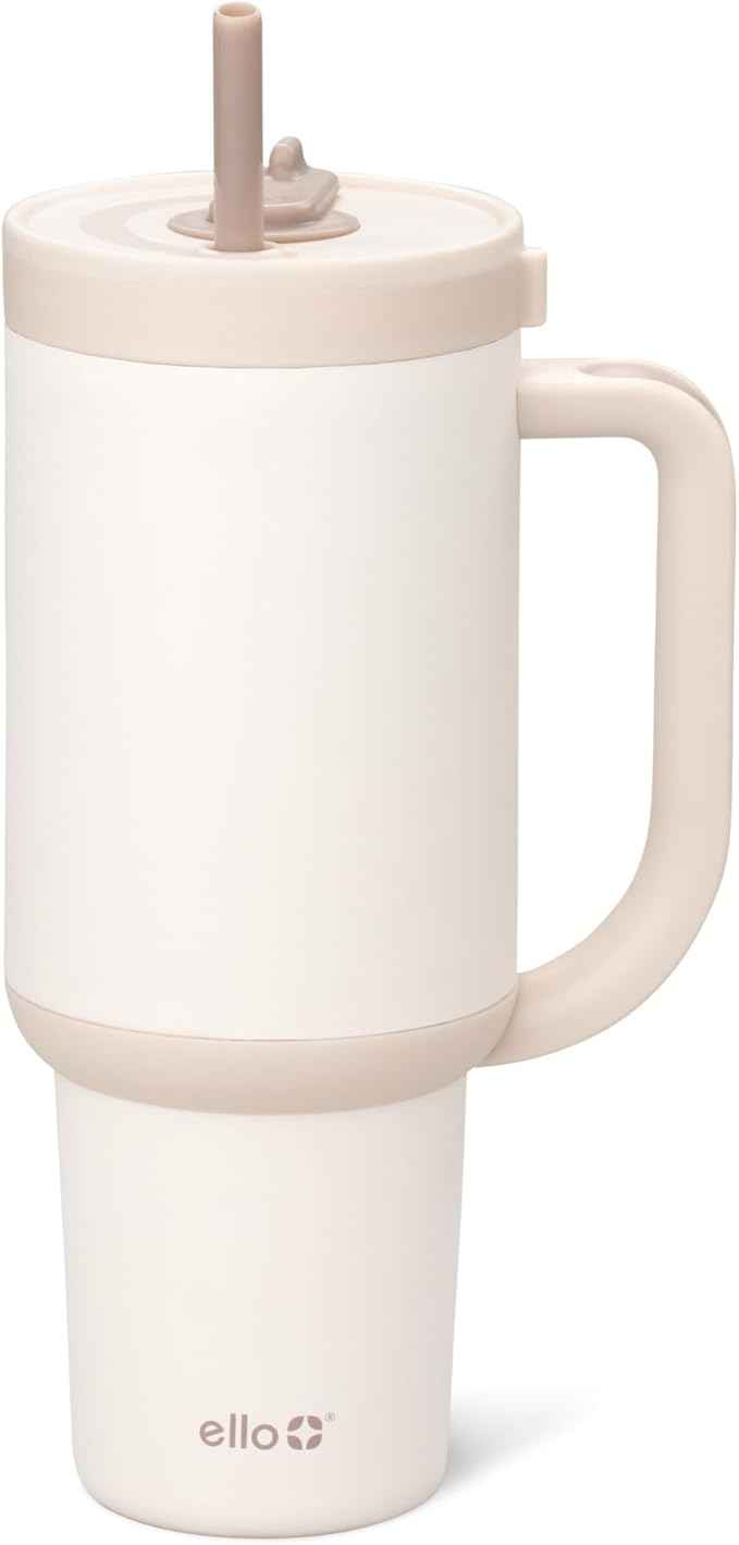 Ello Oasis 40 oz Tumbler with Handle & Retracting Straw | Reusable Insulated Stainless Steel Cup 100% Leakproof, Gifts for Teens Women Men | Keeps cold for 24 Hours, Cup Holder Friendly, Cream Tonal