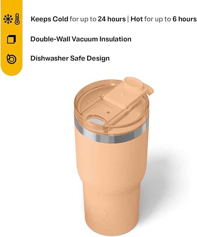 RTIC 20oz Essential Tumbler with Lid, Ceramic Lined, Insulated, Stainless Steel, Metal, Double Wall Vacuum-Insulation, Travel Cup for Iced Coffee, Tea, Hot and Cold Drink, Peach Tea