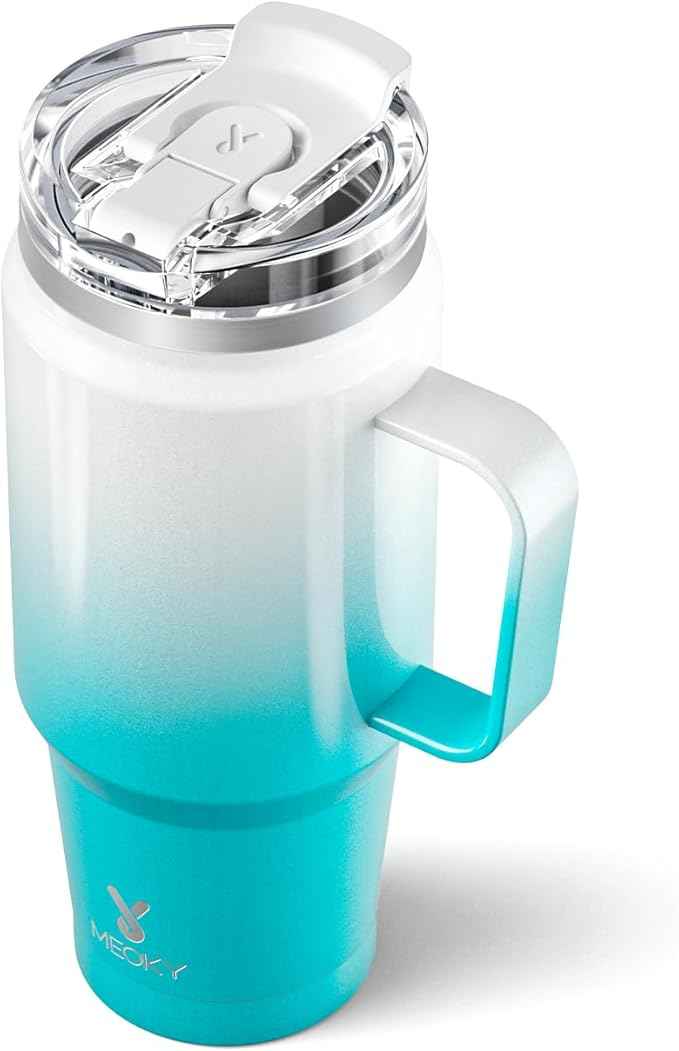 Meoky 32 oz Tumbler with Handle, Insulated Tumbler with Lid and Straw, Stainless Steel Travel Mug, 100% Leak Proof, Keeps Cold for 24 Hours or Hot for 8 Hours, Fits in Car Cup Holder (Azure)
