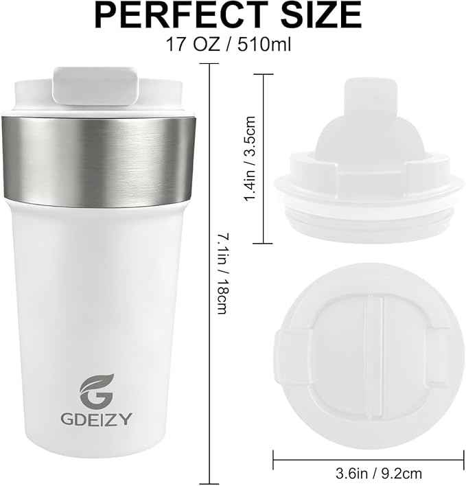 17oz Double Wall Stainless Steel Vacuum Insulated Travel Mug, Spill-Proof & Leak-Proof Coffee Mug, BPA-Free Reusable Coffee Cup for Hot & Cold Drinks, Black (White)