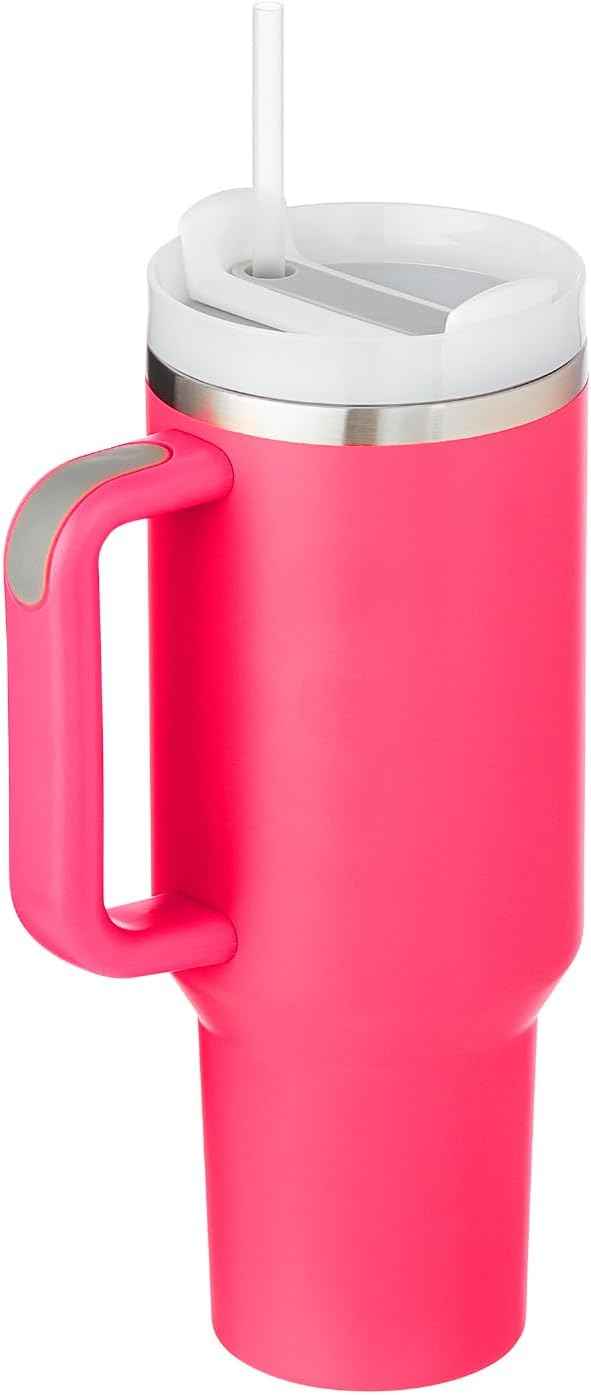 40oz Tumbler With Handle & Straw, Vacuum Insulated Stainless Steel Water Bottle With Leakproof Twist Sip Lid, Rubber Base, Dishwasher Safe, Cup Holder Friendly Travel Coffee Mug (Pink)